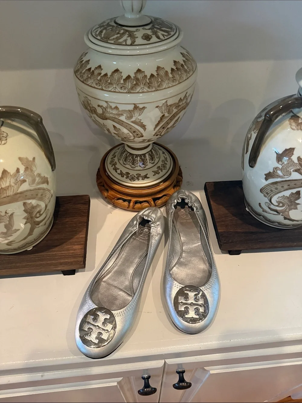 Tory Burch Silver Reva Logo Ballet Flats